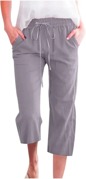 Summer Linen Capris for Women Casual Loose Wide Leg Trousers with Pockets Lightweight High Waisted Cropped Pants