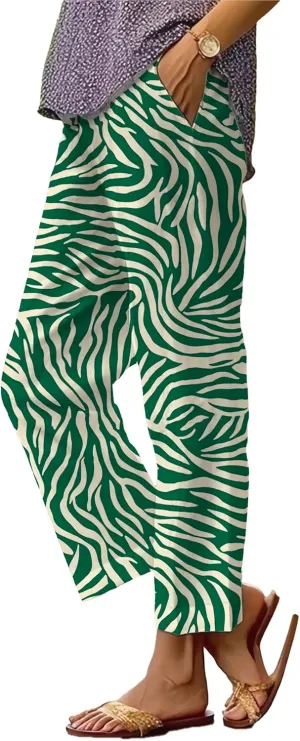 Summer Linen Pants for Women Casual Wide Leg Pants Plus Size Palazzo Pants Drawstring Elastic Waist Boho Pants