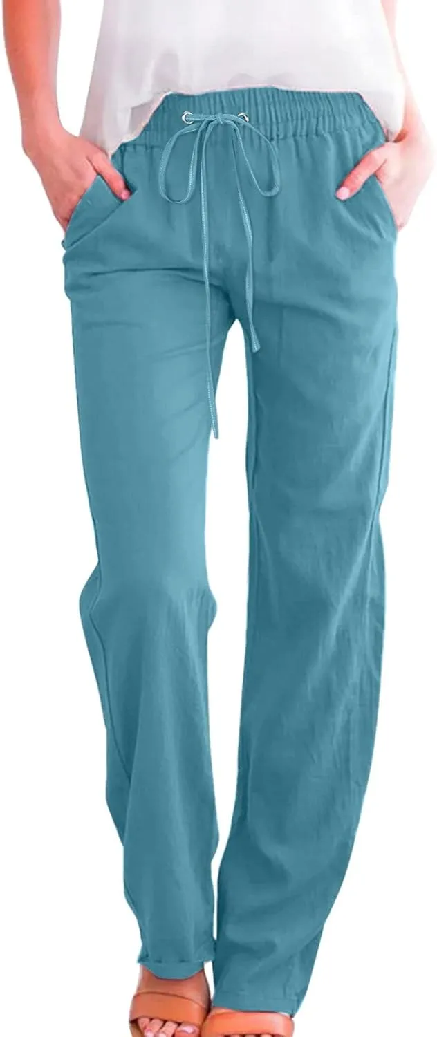 Summer Linen Pants for Women Lightweight Relax Fit Elastic Waist Solid Lounge Long Pants Trendy Beach Boho Trousers