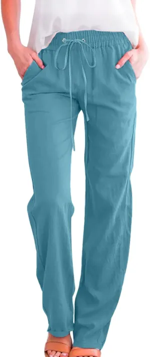 Summer Linen Pants for Women Lightweight Relax Fit Elastic Waist Solid Lounge Long Pants Trendy Beach Boho Trousers