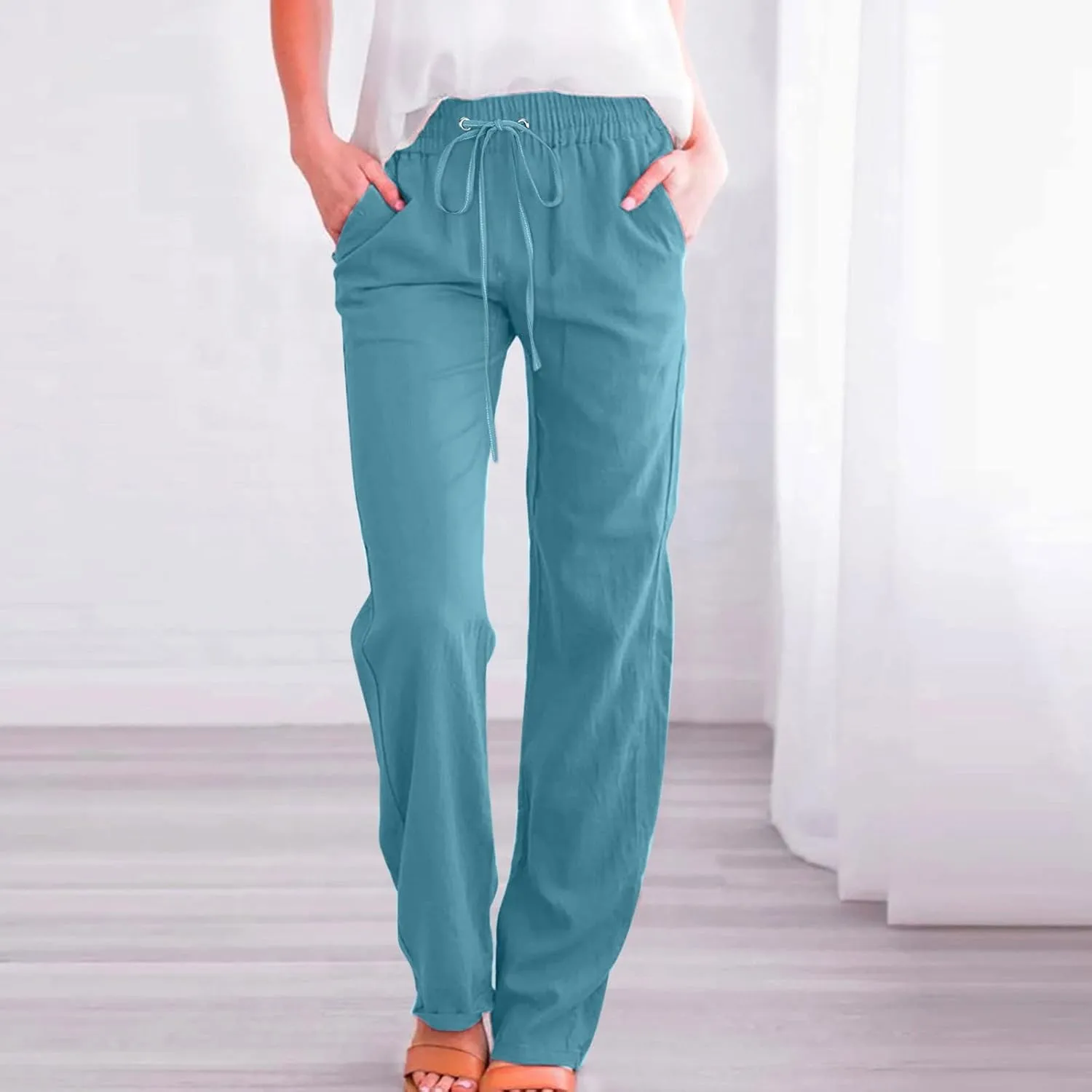 Summer Linen Pants for Women Lightweight Relax Fit Elastic Waist Solid Lounge Long Pants Trendy Beach Boho Trousers
