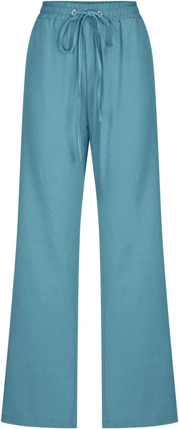 Summer Linen Pants for Women Lightweight Relax Fit Elastic Waist Solid Lounge Long Pants Trendy Beach Boho Trousers
