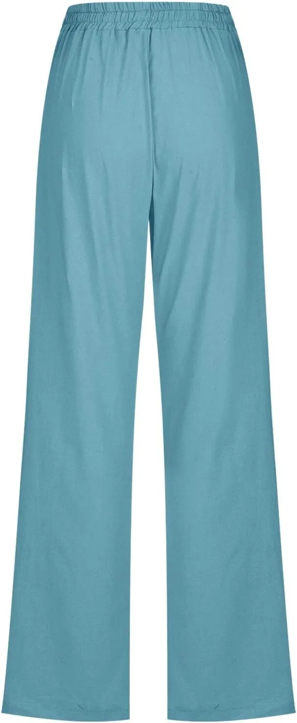 Summer Linen Pants for Women Lightweight Relax Fit Elastic Waist Solid Lounge Long Pants Trendy Beach Boho Trousers