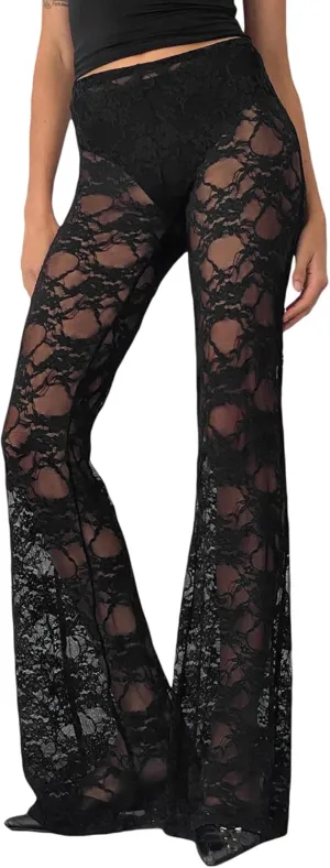 Sunloudy Women Lace Bell Pant Sexy See Through Flare Bottom Leggings Hollow Out Mesh Cover Up Trousers