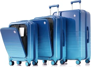 SVRCK Simplify Travel with Luggage Set of 3, Front Opening Design, USB Port, Spinner Wheels, 20, 24, 28 Inches, Blue
