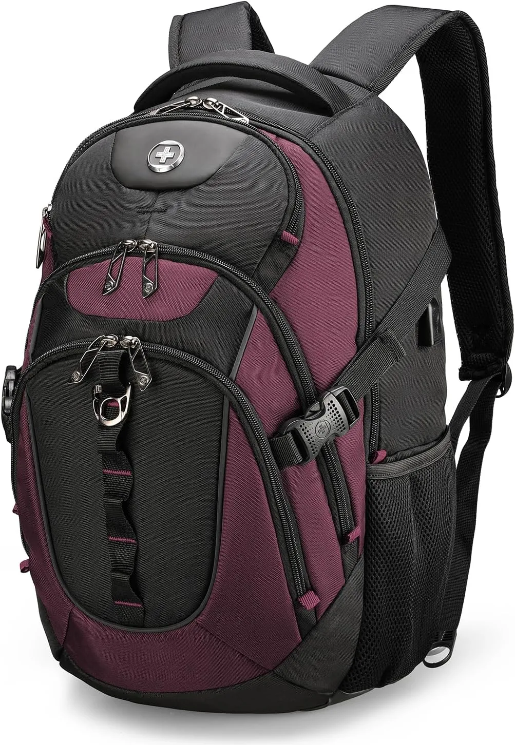 Swissdigital Design Business Laptop Backpack with Smart USB Charging Port, Travel Backpack Fits 15.6 inches Laptops, Water Repellent College Backpack for Men Women, Angola red/Black | SD803