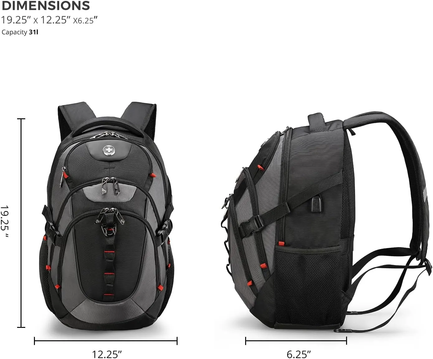 Swissdigital Design Business Laptop Backpack with Smart USB Charging Port, Travel Backpack Fits 15.6 inches Laptops, Water Repellent College Backpack for Men Women, Black/Grey | SD803