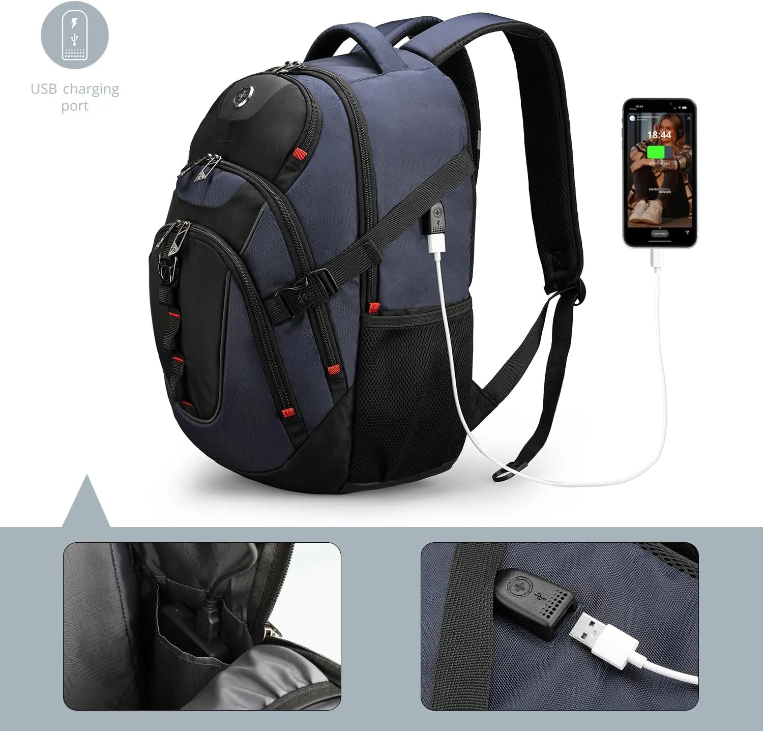 Swissdigital Design Business Laptop Backpack with Smart USB Charging Port, Travel Backpack Fits 15.6 inches Laptops, Water Repellent College Backpack for Men Women, Blue/Black | SD803