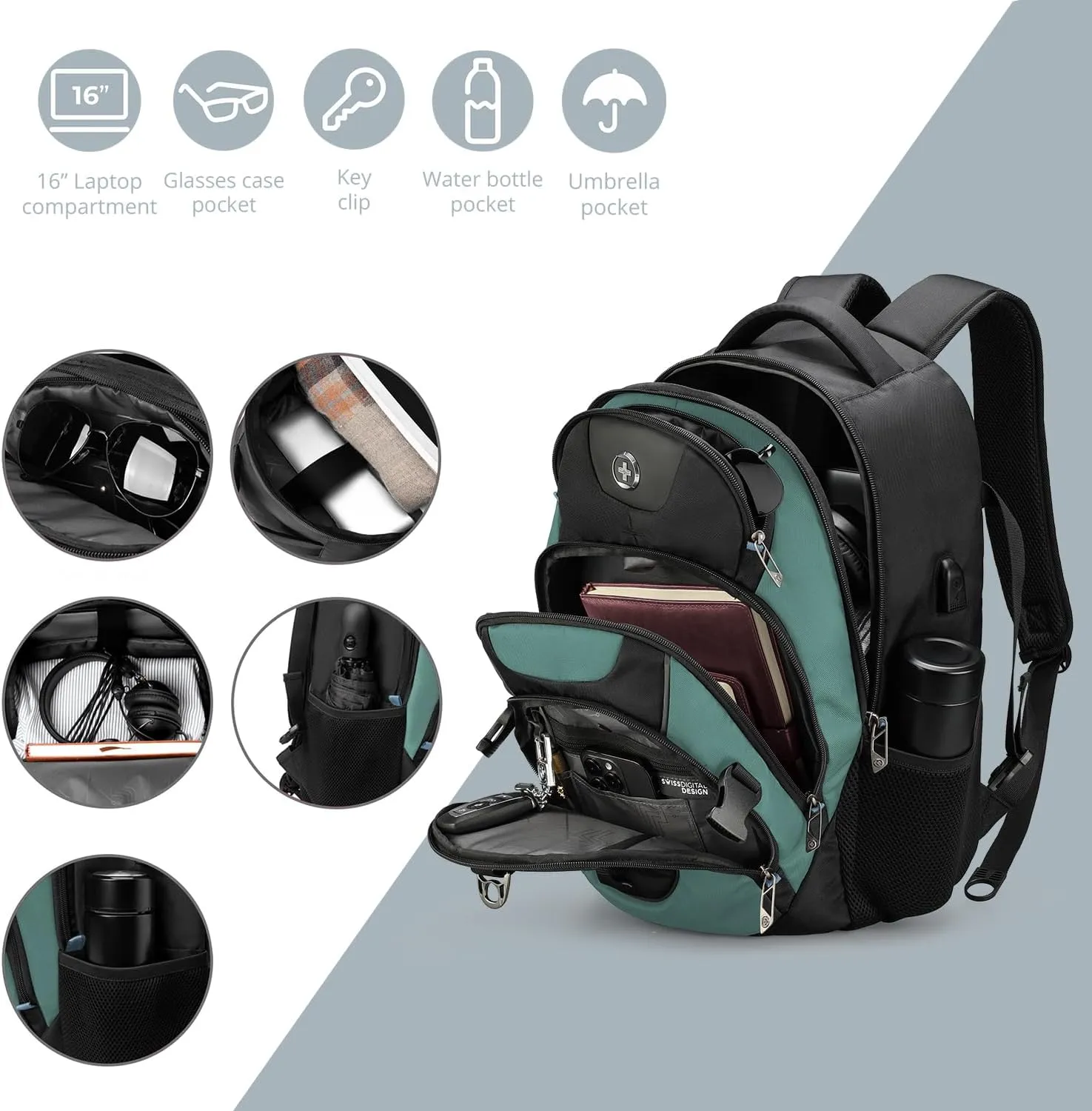 Swissdigital Design Business Laptop Backpack with Smart USB Charging Port, Travel Backpack Fits 15.6 inches Laptops, Water Repellent College Backpack for Men Women, Lake Green/Black | SD803