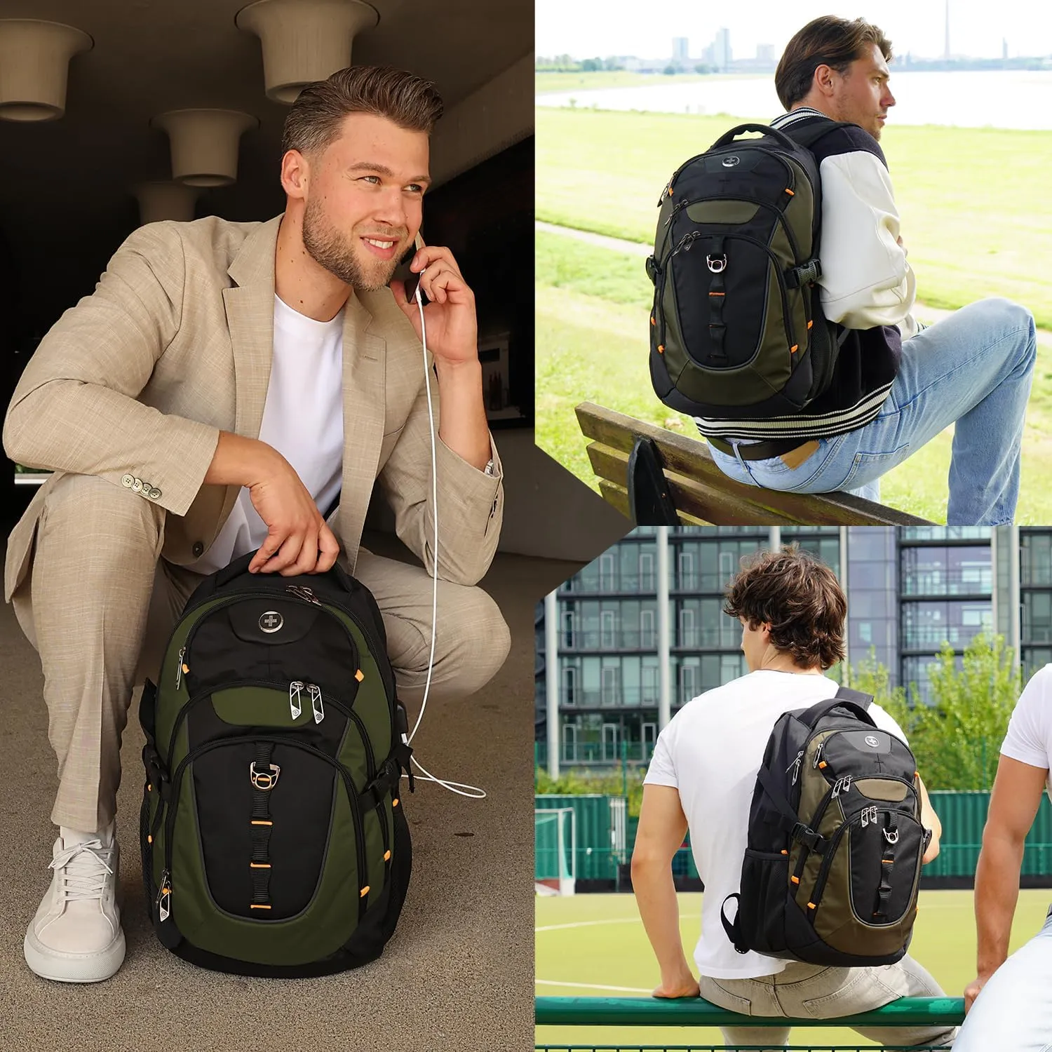 Swissdigital Design Business Laptop Backpack with Smart USB Charging Port, Travel Backpack Fits 15.6 inches Laptops, Water Repellent College Backpack for Men Women, Olive/Black | SD803-26