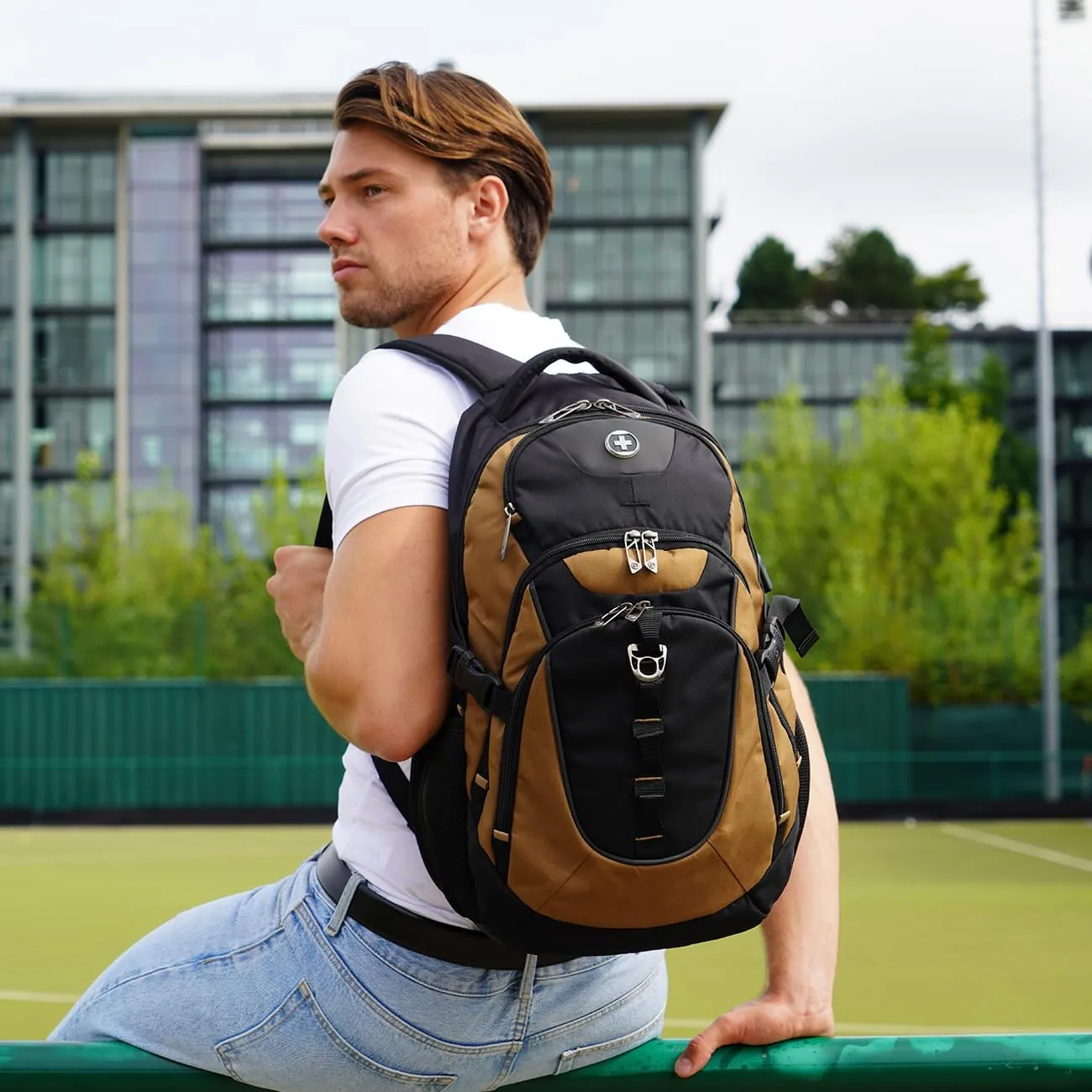 Swissdigital Design Business Laptop Backpack with Smart USB Charging Port, Travel Backpack Fits 15.6 inches Laptops, Water Repellent College Backpack for Men Women, Tan/Black | SD803
