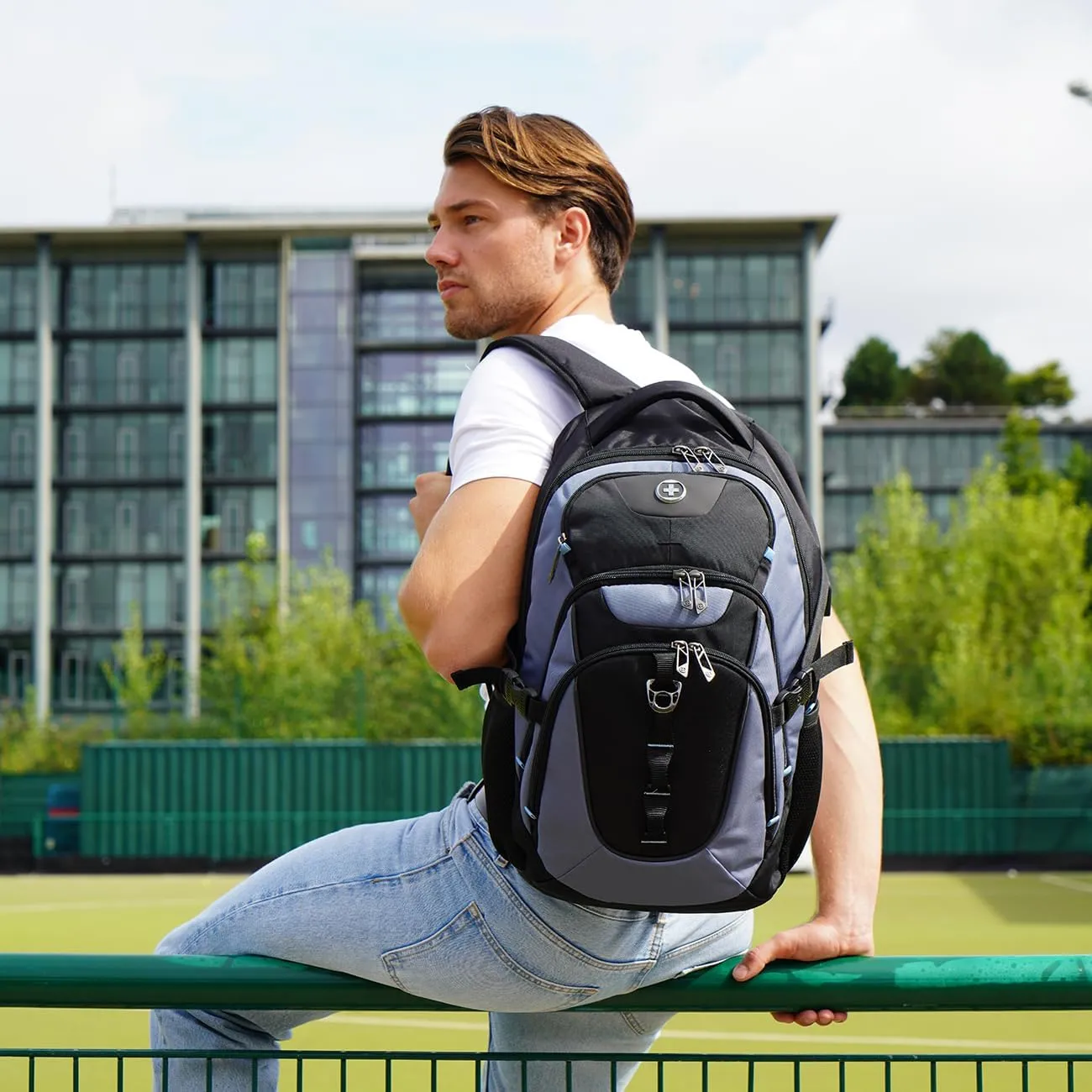 Swissdigital Design Large Business Laptop Backpack with Smart USB Charging Port Travel Backpack Fits 15.6 inches Laptops, College Backpack for Men Women,Haze Blue/Black | SD803