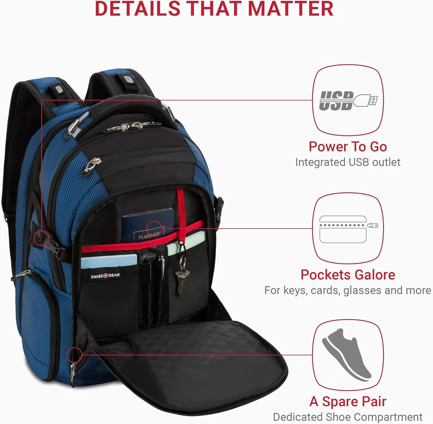 SwissGear Travel Tech Elite Laptop Backpack  Fits Laptops up to 16  ScanSmart TSA-Friendly Backpack with USB Port, Shoe Compartment & Organizer Pockets  Blue/Black
