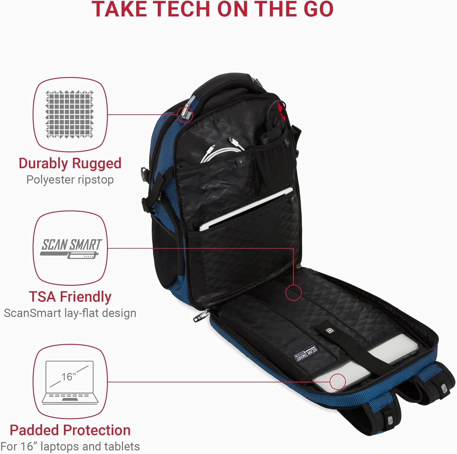 SwissGear Travel Tech Elite Laptop Backpack  Fits Laptops up to 16  ScanSmart TSA-Friendly Backpack with USB Port, Shoe Compartment & Organizer Pockets  Blue/Black