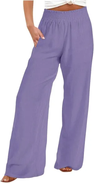 TANGNADE Women's Pants Casual Summer Cotton Linen High Waist Straight Palazzo Pant Trouser Vacation Boho Travel Clothes