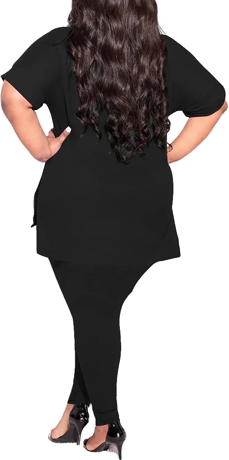 TOPSRANI Womens Plus Size 2 Piece Outfits Sweatsuits Casual Tracksuit V Neck Short Sleeve Solid Loungewear Pants Sets