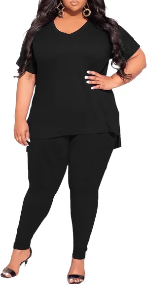 TOPSRANI Womens Plus Size 2 Piece Outfits Sweatsuits Casual Tracksuit V Neck Short Sleeve Solid Loungewear Pants Sets