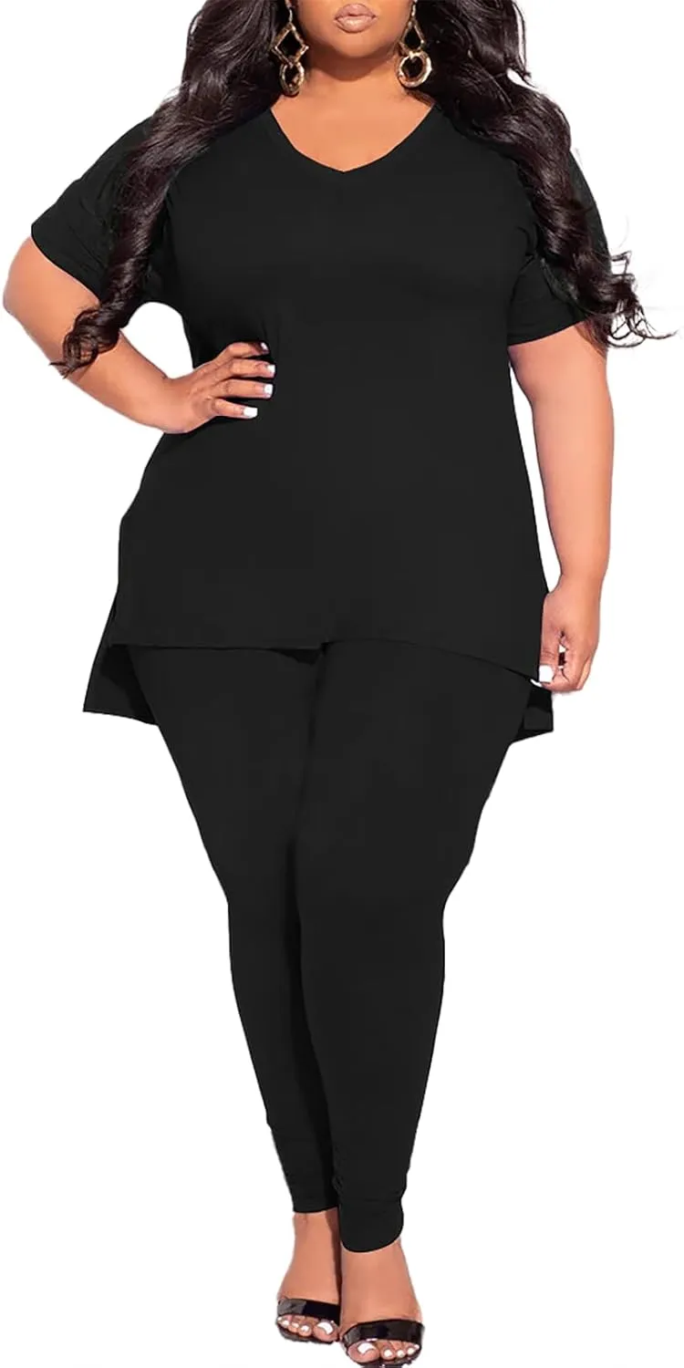 TOPSRANI Womens Plus Size 2 Piece Outfits Sweatsuits Casual Tracksuit V Neck Short Sleeve Solid Loungewear Pants Sets