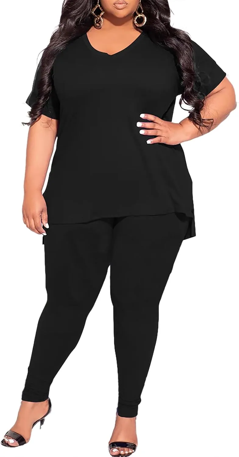 TOPSRANI Womens Plus Size 2 Piece Outfits Sweatsuits Casual Tracksuit V Neck Short Sleeve Solid Loungewear Pants Sets