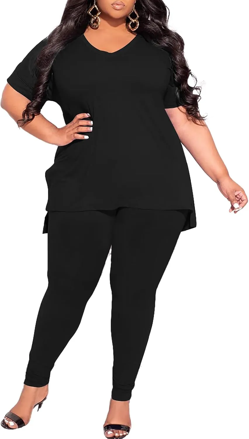 TOPSRANI Womens Plus Size 2 Piece Outfits Sweatsuits Casual Tracksuit V Neck Short Sleeve Solid Loungewear Pants Sets