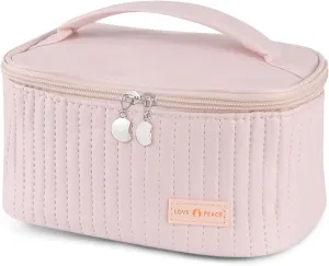 Travel Makeup Bag, Toiletry Bag for Women PU Leather Make Up Bag with Handle Cute Makeup Travel Bag Large Cosmetic Bag for Traveling School Skincare Brushes Organizer Christmas Gift, Pink
