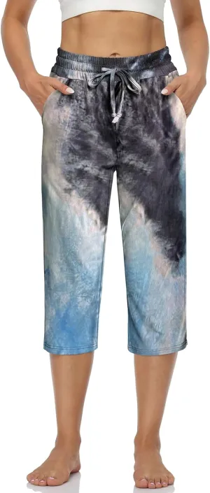 UEU Women's Comfy Drawstring Yoga Capri Pants Loose Workout Sweatpants Wide Leg Lounge Pants with Pockets