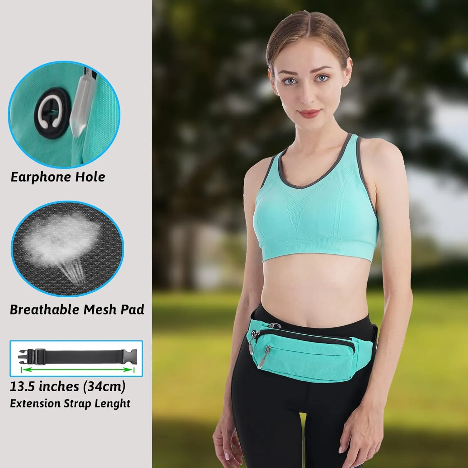 USHAKE Fanny Pack Waist Packs with Extender for Men or Women, Medium Size Waist Pouch Bag Hip Pack with 3-Zipper Pockets Adjustable Straps for Casual Travel Hiking Jogging Outdoor Sports (Mint Blue)