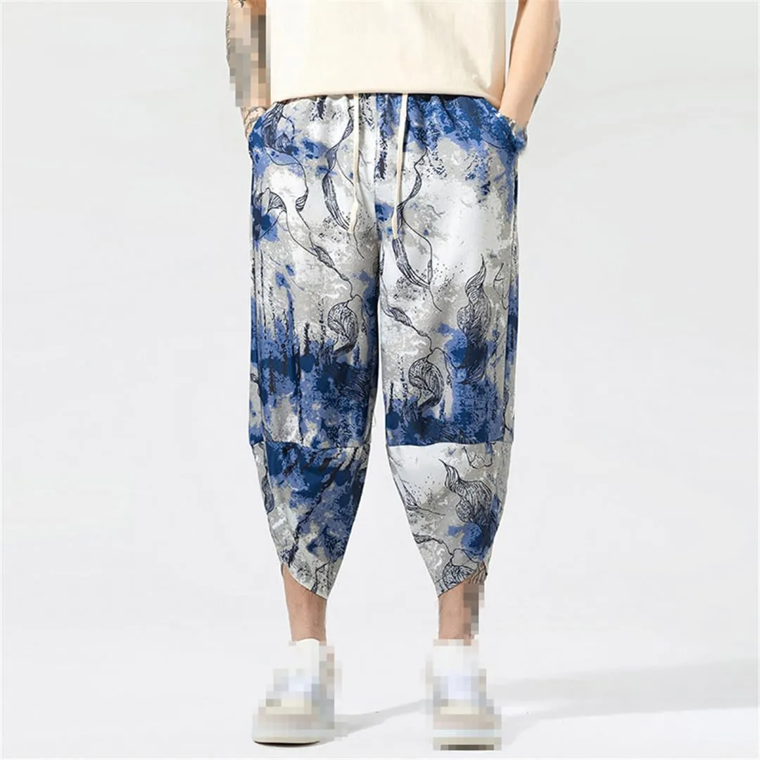 Vintage Baggy Man Harem Pants Pocket Men Hip-Hop Harem Casual Floral Pants Wide Leg Trousers