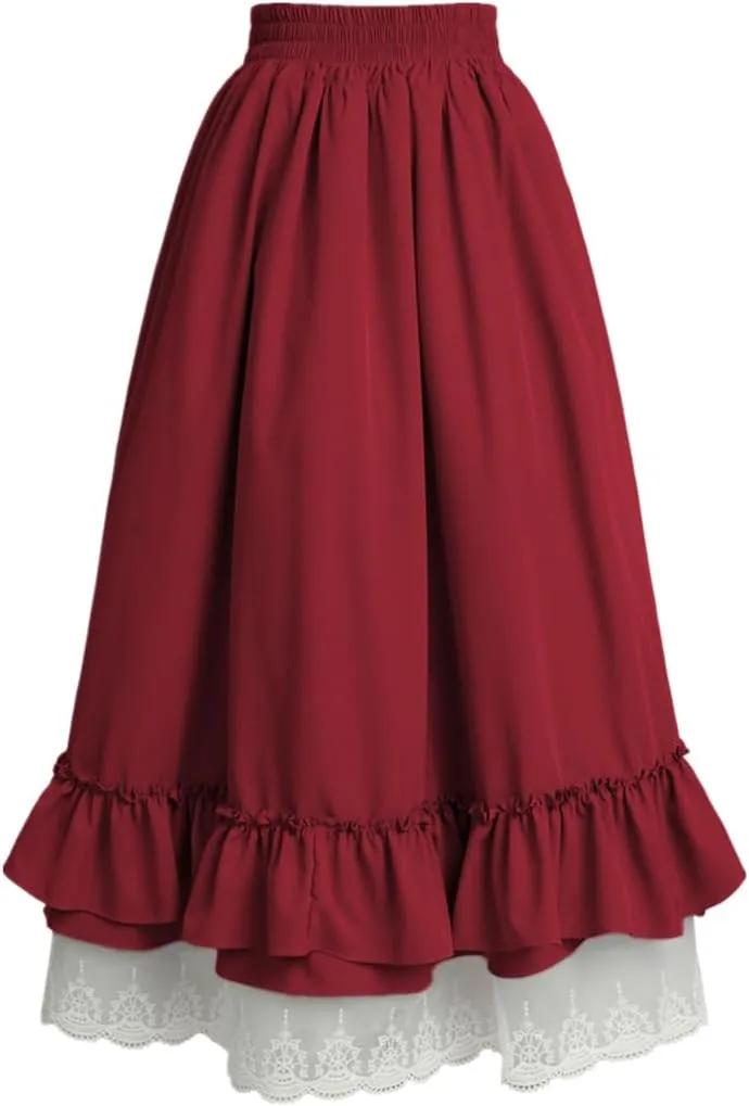 Vintage Women Gothic Victorian Skirt High Waist Double-Layer Lace Ruffle Renaissance Maxi Skirts