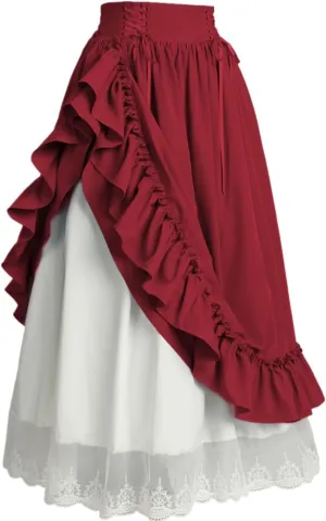 Vintage Women Gothic Victorian Skirt High Waist Double-Layer Lace Ruffle Renaissance Maxi Skirts