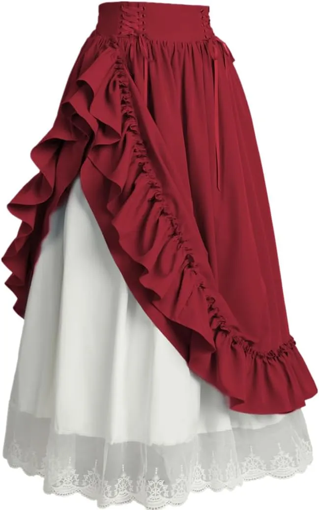 Vintage Women Gothic Victorian Skirt High Waist Double-Layer Lace Ruffle Renaissance Maxi Skirts