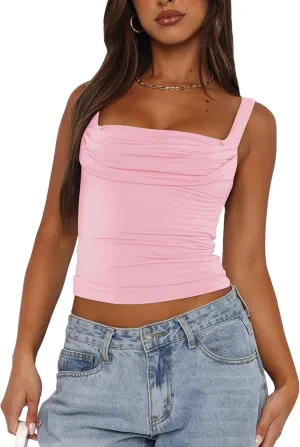 Vivitulip Womens Sleeveless Square Neck Strappy Tank Top Sexy Ruched Backless Going Out Crop Camisole Tops