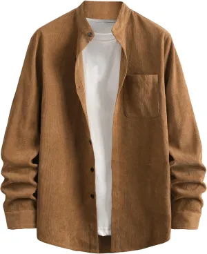 WDIRARA Men's Corduroy Button Down Long Sleeve Colorblock Shirt Collar Tops