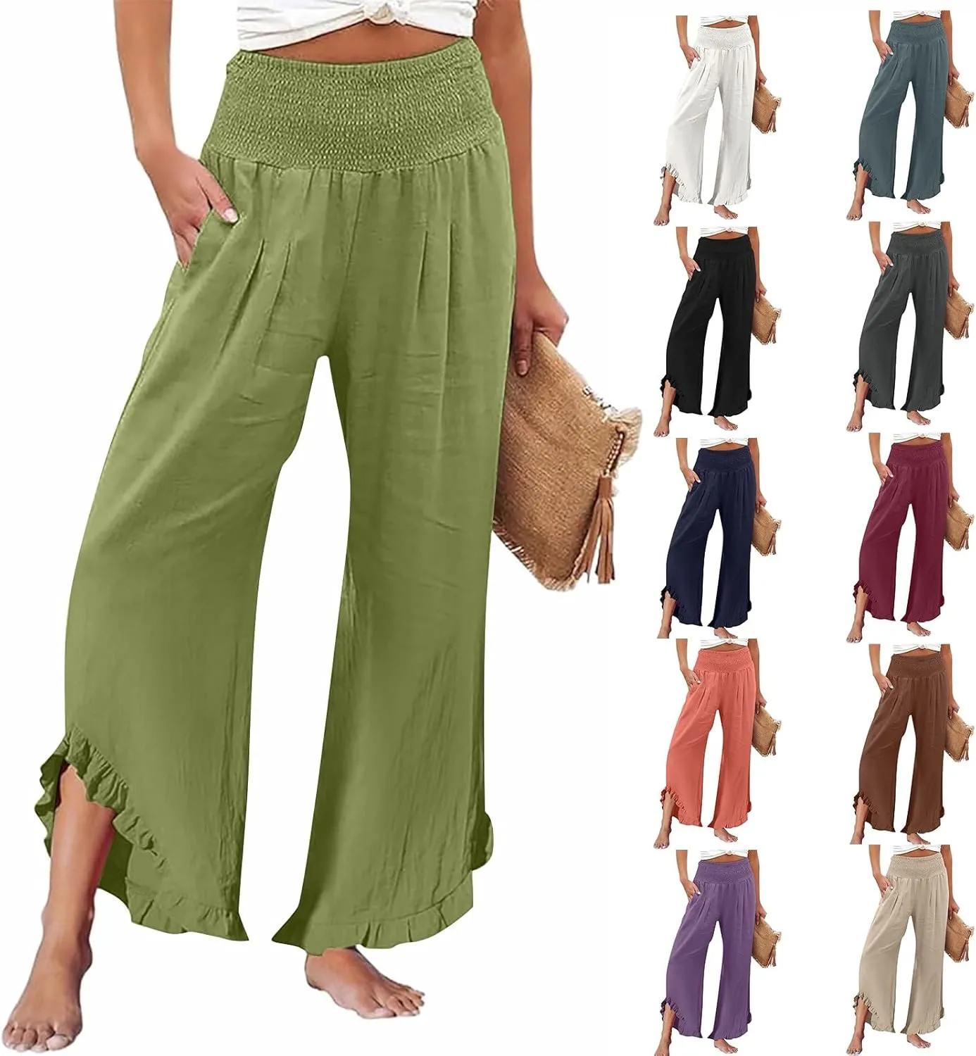 Wide Leg Linen Pants for Women Casual High Waisted Palazzo Pant Lightweight Summer Flowy Beach Pants with Pockets