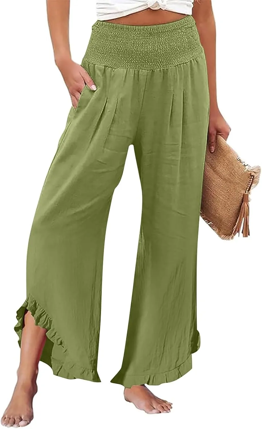 Wide Leg Linen Pants for Women Casual High Waisted Palazzo Pant Lightweight Summer Flowy Beach Pants with Pockets