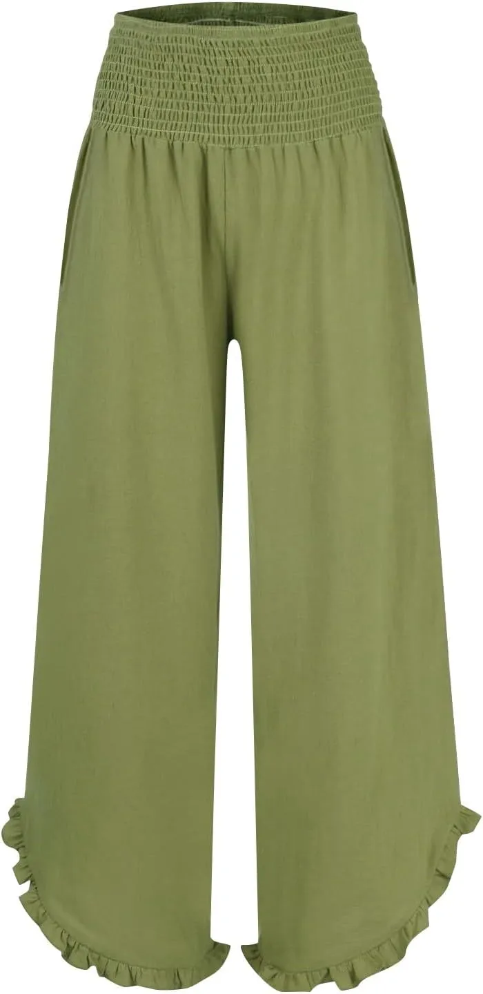 Wide Leg Linen Pants for Women Casual High Waisted Palazzo Pant Lightweight Summer Flowy Beach Pants with Pockets