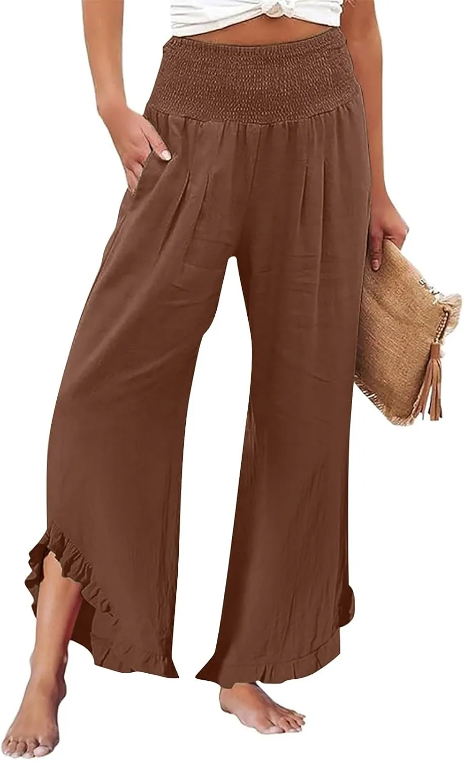 Wide Leg Linen Pants for Women Casual High Waisted Palazzo Pant Lightweight Summer Flowy Beach Pants with Pockets