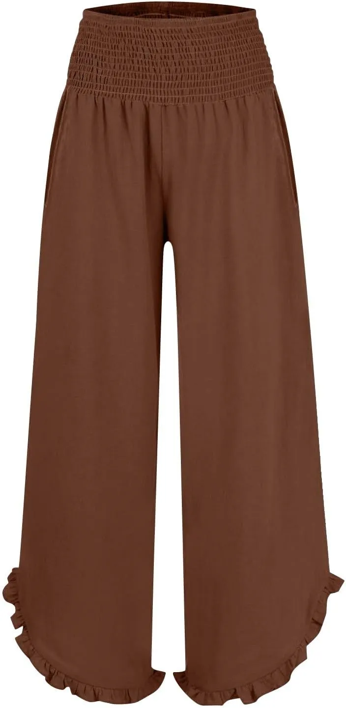 Wide Leg Linen Pants for Women Casual High Waisted Palazzo Pant Lightweight Summer Flowy Beach Pants with Pockets