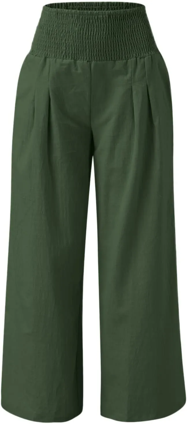 Wide Leg Pants for Women High Smocked Waist Comfy Loose Fit Flowy Summer Beach Lightweight Palazzo Trousers with Pockets