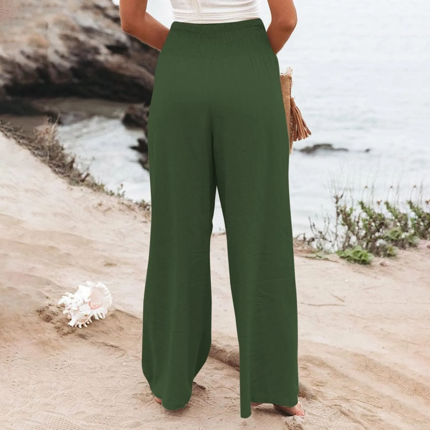 Wide Leg Pants for Women High Smocked Waist Comfy Loose Fit Flowy Summer Beach Lightweight Palazzo Trousers with Pockets
