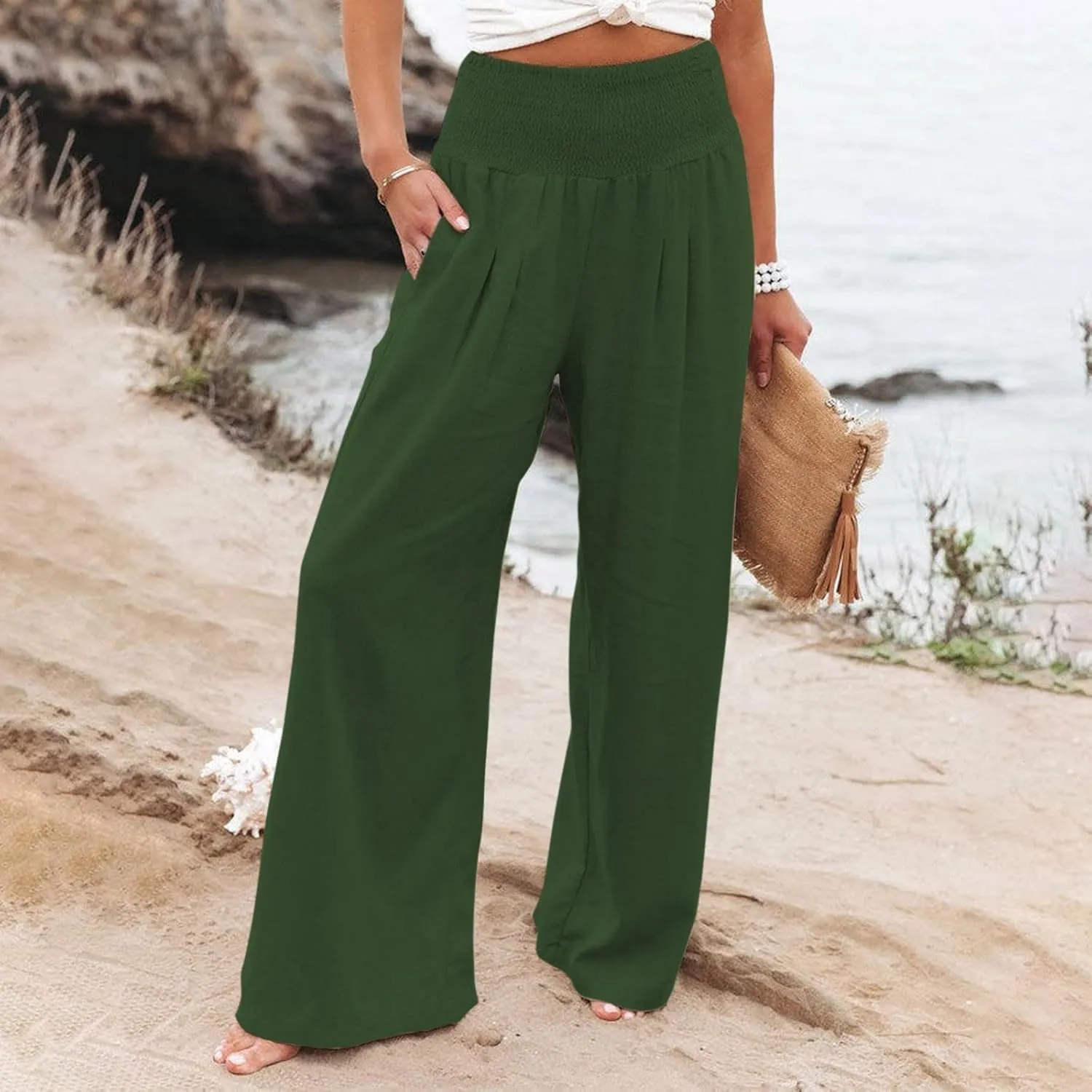 Wide Leg Pants for Women High Smocked Waist Comfy Loose Fit Flowy Summer Beach Lightweight Palazzo Trousers with Pockets