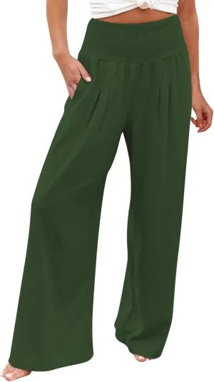 Wide Leg Pants for Women High Smocked Waist Comfy Loose Fit Flowy Summer Beach Lightweight Palazzo Trousers with Pockets