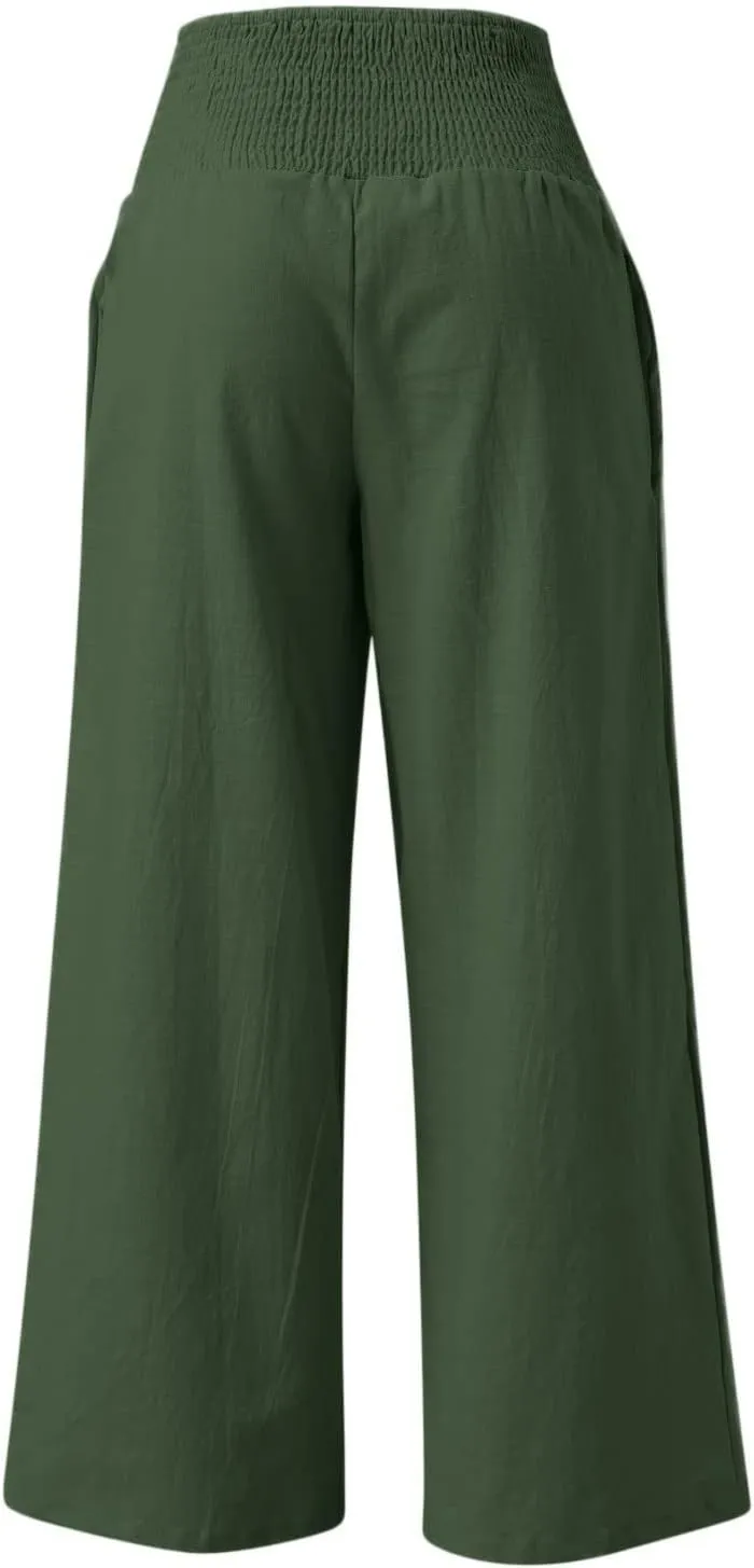 Wide Leg Pants for Women High Smocked Waist Comfy Loose Fit Flowy Summer Beach Lightweight Palazzo Trousers with Pockets