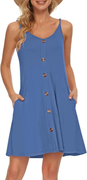 WNEEDU Women's Summer Spaghetti Strap Button Down V Neck Casual Beach Cover Up Dress with Pockets