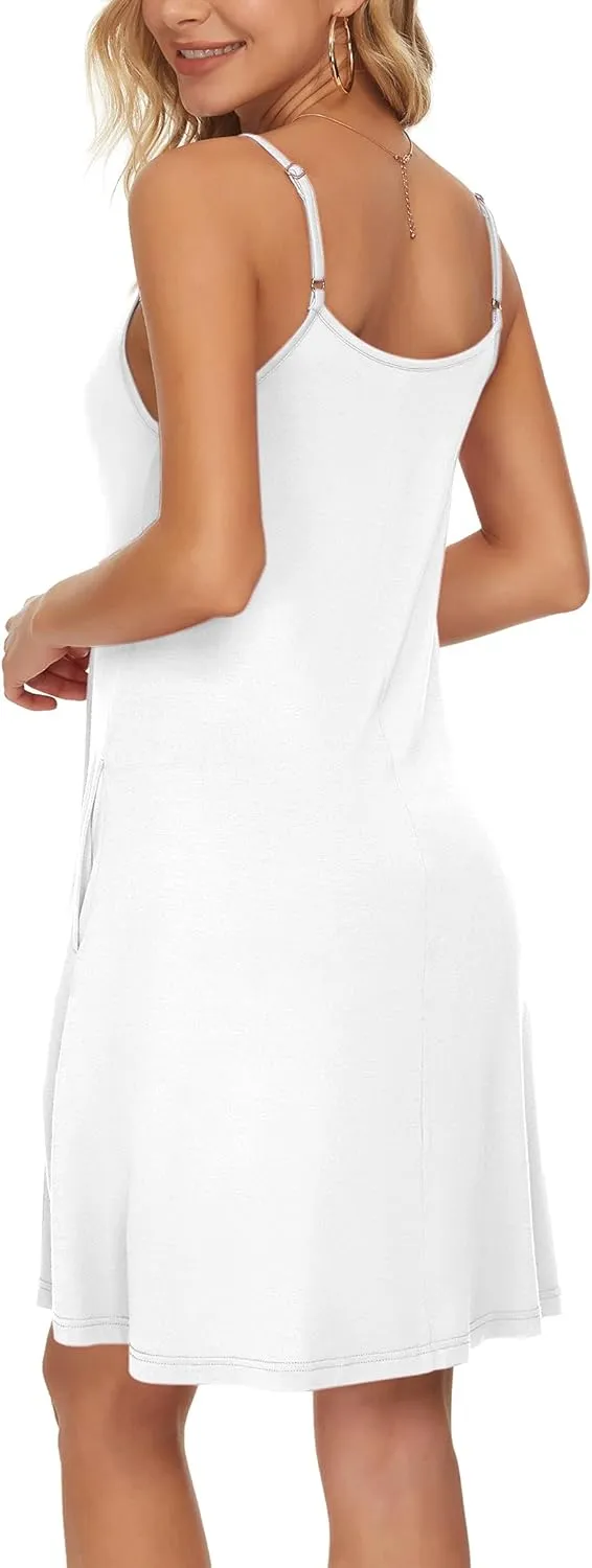 WNEEDU Women's Summer Spaghetti Strap Button Down V Neck Casual Beach Cover Up Dress with Pockets