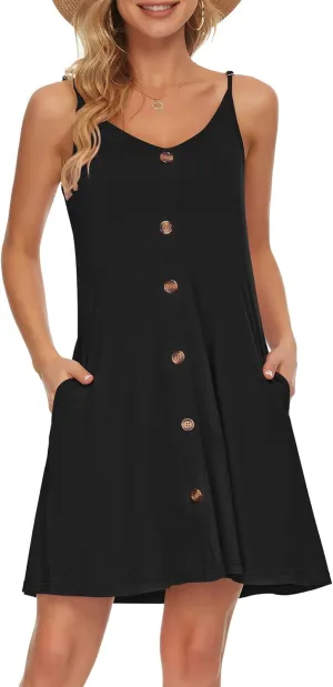 WNEEDU Women's Summer Spaghetti Strap Button Down V Neck Casual Beach Cover Up Dress with Pockets