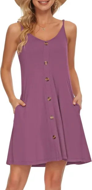 WNEEDU Women's Summer Spaghetti Strap Button Down V Neck Casual Beach Cover Up Dress with Pockets
