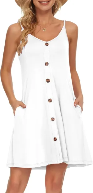 WNEEDU Women's Summer Spaghetti Strap Button Down V Neck Casual Beach Cover Up Dress with Pockets