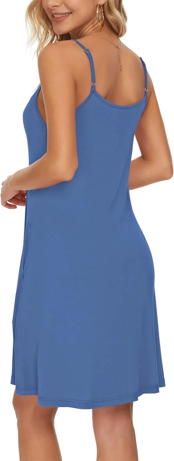 WNEEDU Women's Summer Spaghetti Strap Button Down V Neck Casual Beach Cover Up Dress with Pockets