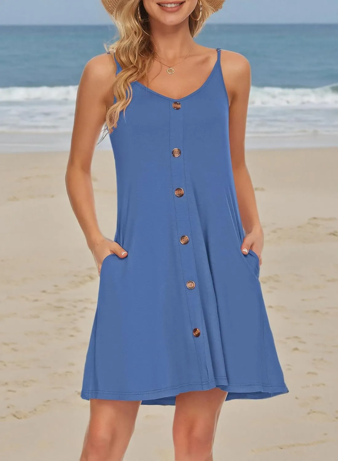 WNEEDU Women's Summer Spaghetti Strap Button Down V Neck Casual Beach Cover Up Dress with Pockets